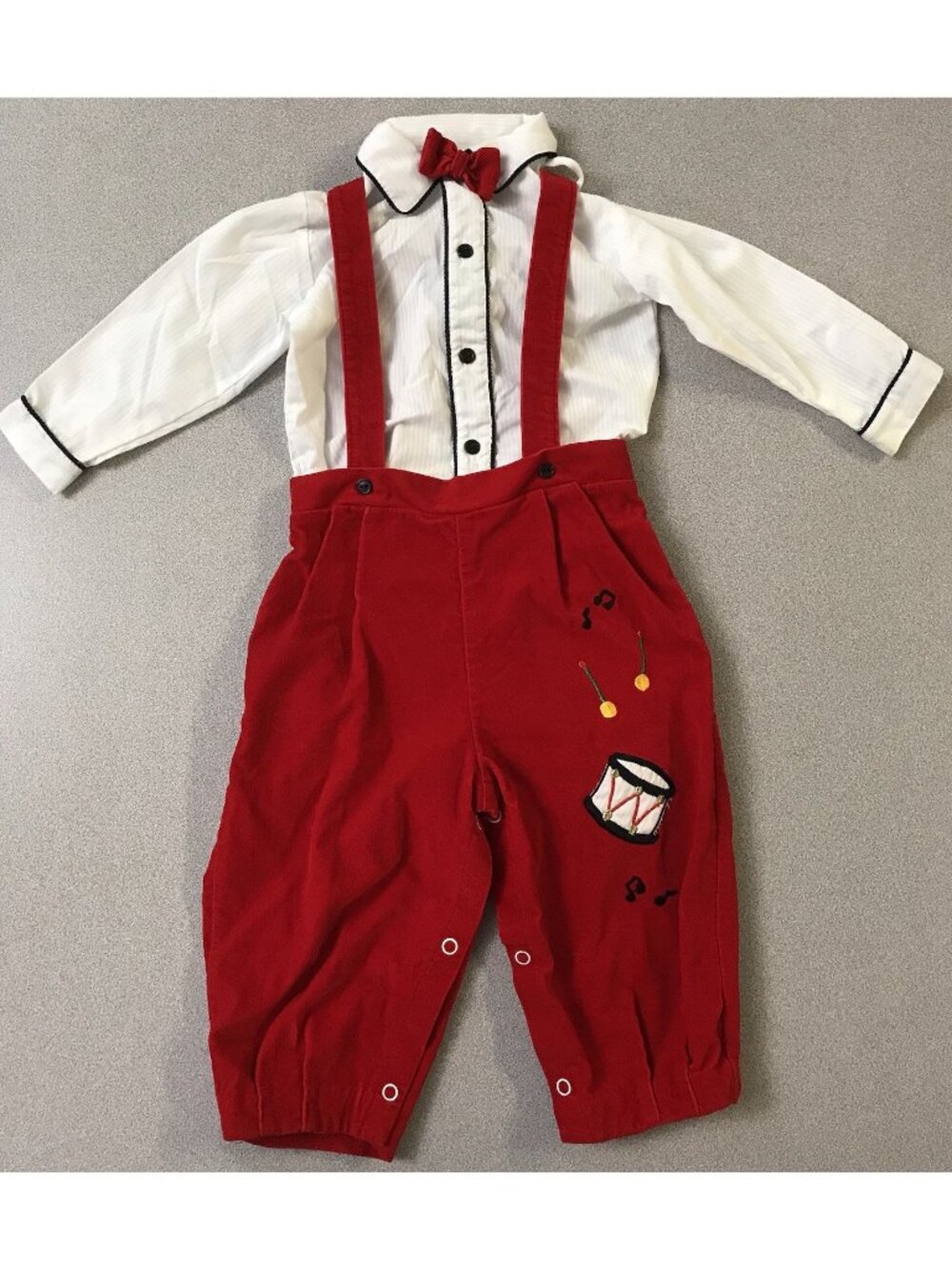 Vintage Christmas Outfit 18M Velvet Red Overalls Bow Tie Shirt Drum Music Notes